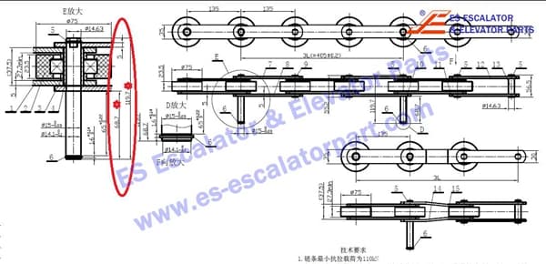 T-135 Velino Step chain FT732 roller 75mm, Pin d=10mm;L=119, 7mm, with bearings in all rollers Use For Thyssenkrupp