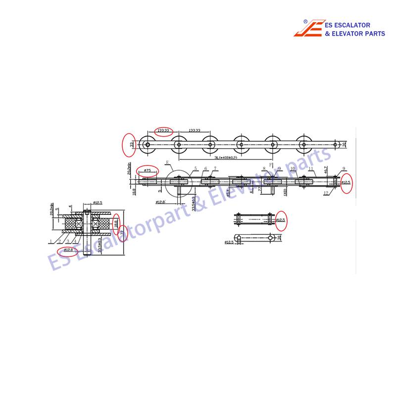 RTV Escalator Step Chain P=133.33 L=77 D1=33*5 D2=30*5 Use For Kone