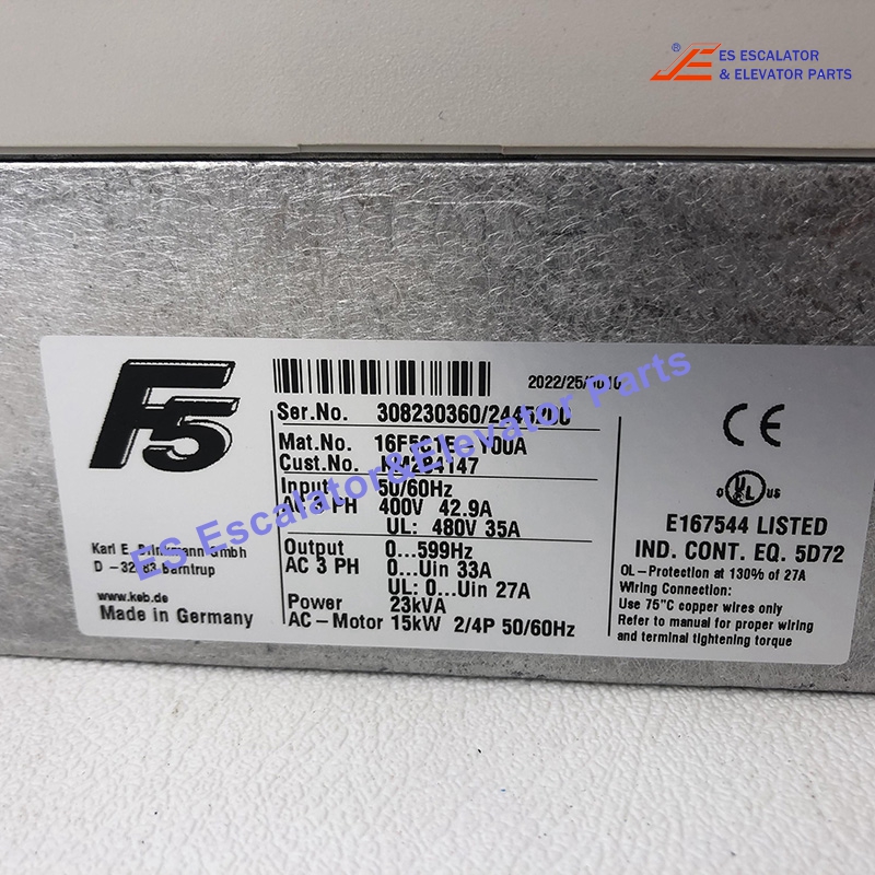 16F5C1E-Y00A Escalator Inverter Input:50/60Hz AC 3PH 400V 42.9A Output: 0...599Hz AC 3 PH 0...Uin 33A Power:23kVA Use For Kone